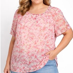 Plus-Size Pink Floral Short Sleeve Blouse